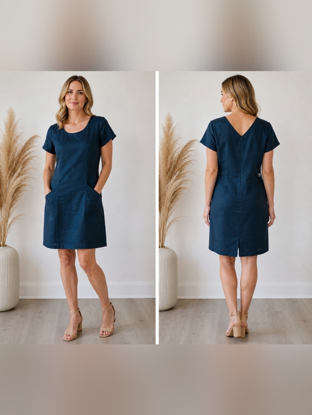 ellen ashley linen shift dress size 4 blue short sleeve minimalist career sheath